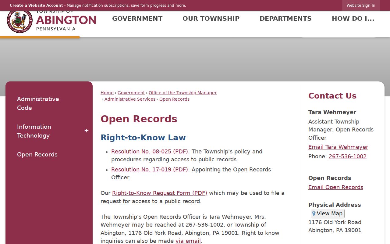 Abington Township residents directory Open Records request information