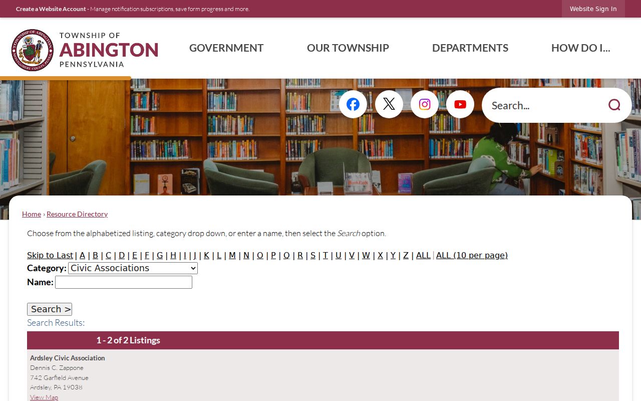 Abington Township neighbors screenshot of the Township neighborhood organizations directory