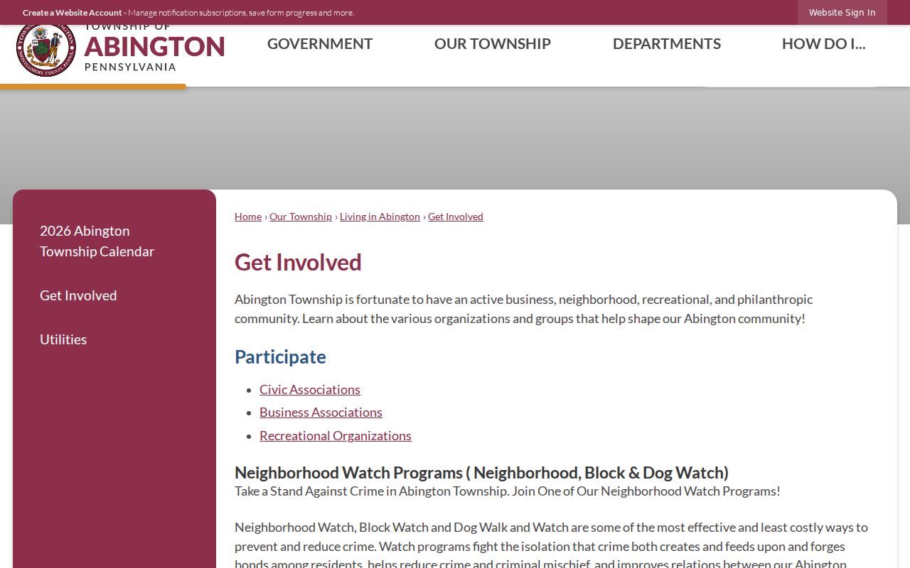 Abington Township neighbors screenshot of neighborhood watch and community participation information