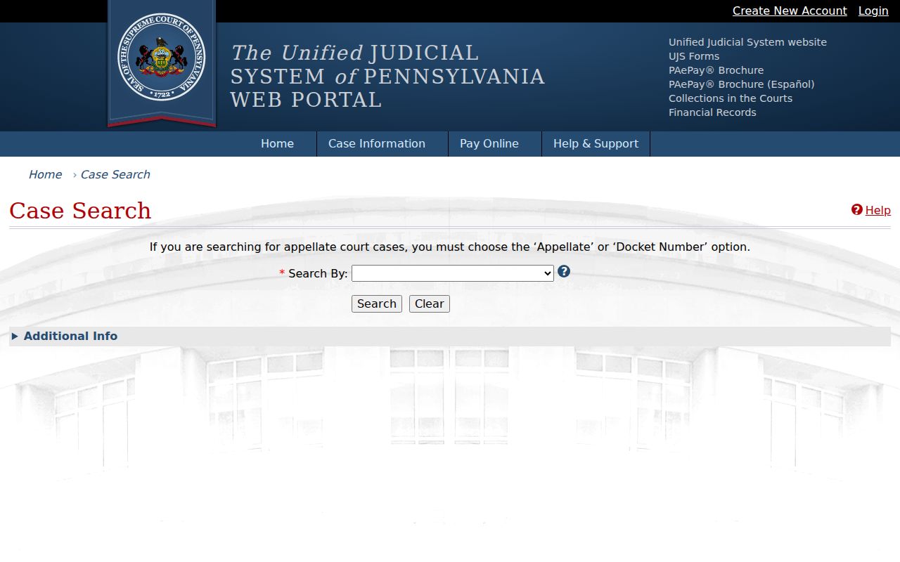 Abington Township resident lookup screenshot of Pennsylvania UJS Case Search