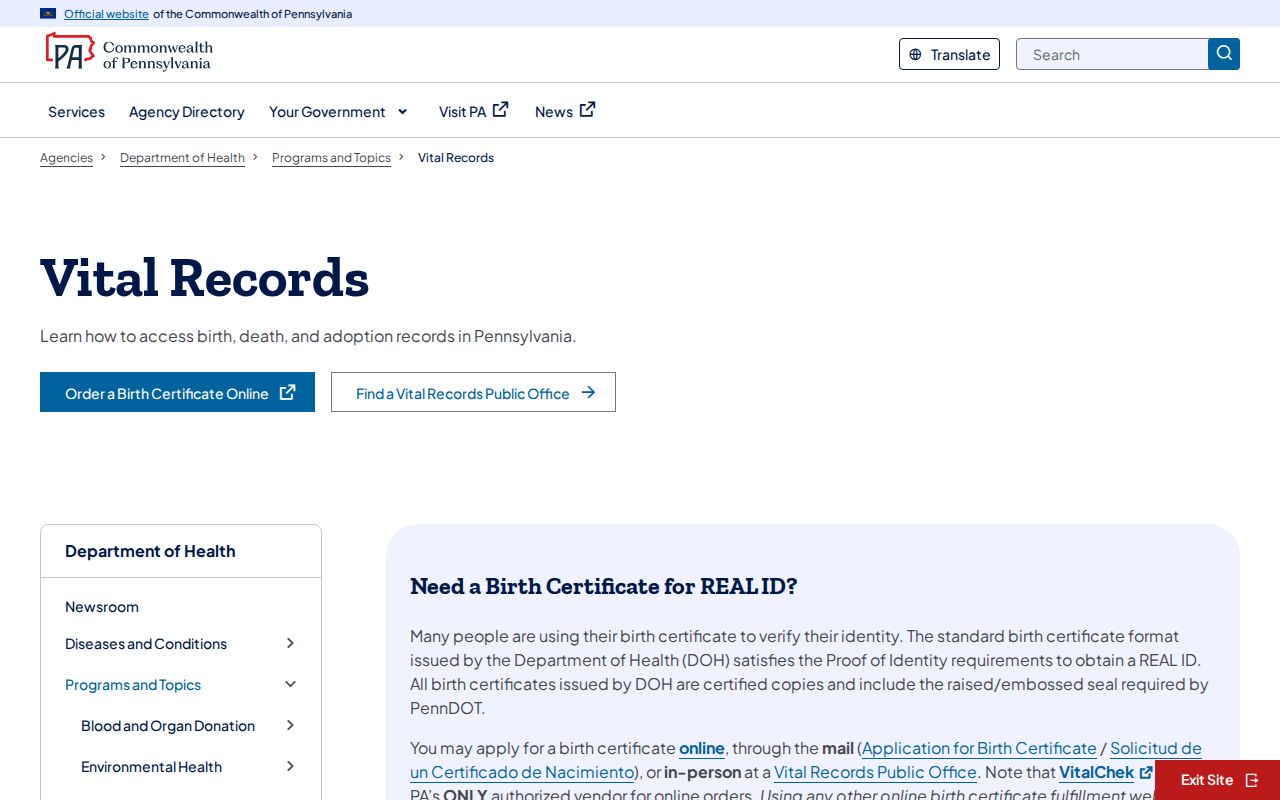 Abington Township resident lookup screenshot of Pennsylvania vital records service