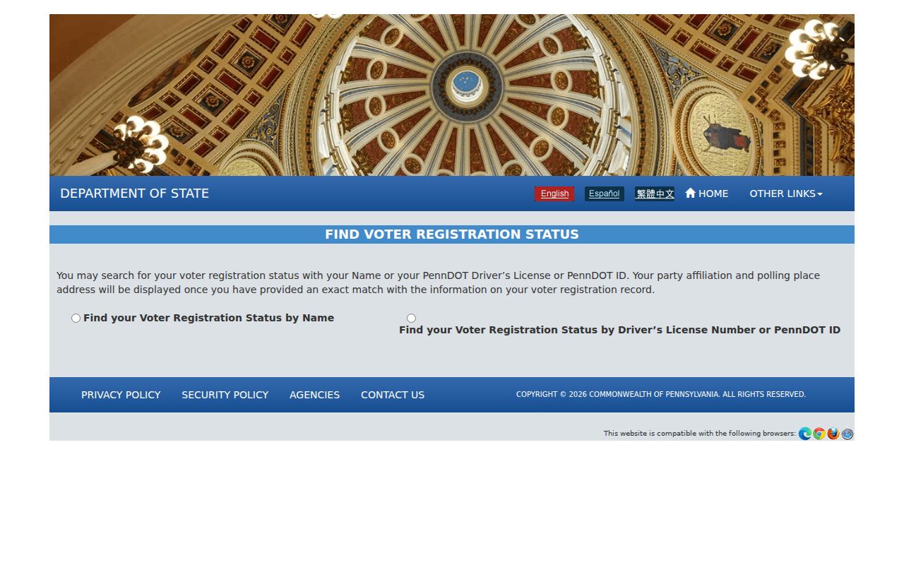 Abington Township resident lookup screenshot of Pennsylvania voter status search